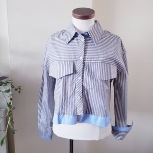 VIA BOVIO NWT Modern Cropped Striped Blouse - Grey/Blue Italy - S